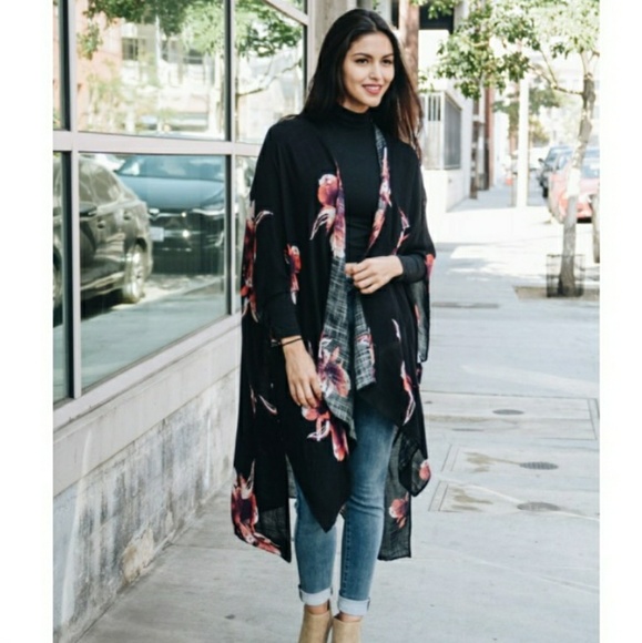 3 Left! Black Floral Print Kimono with Armholes - Picture 3 of 6